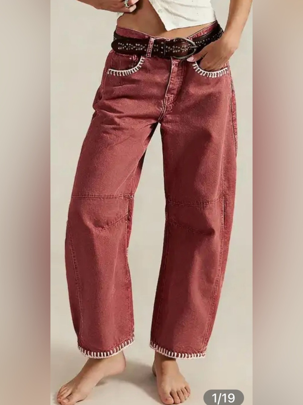 Flamingals Contrast Stitch Mid Rise Barrel Leg Pants